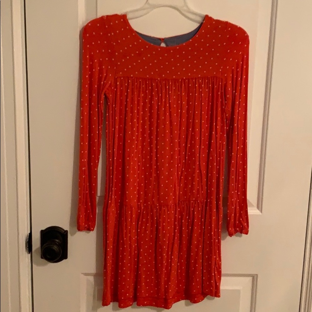 Mini Boden orange white polka dot dress size 9-10Y